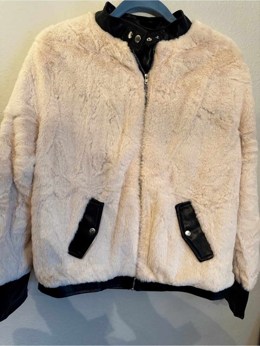 Faux Fur Bomber Jacket in Light Beige with Black Trim tagged xxlg runs small